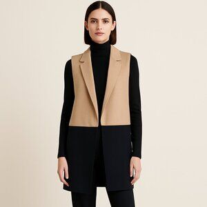 Elle Colorblock Wool Blend Sleeveless Long Vest – Tan & Black Open Front Medium